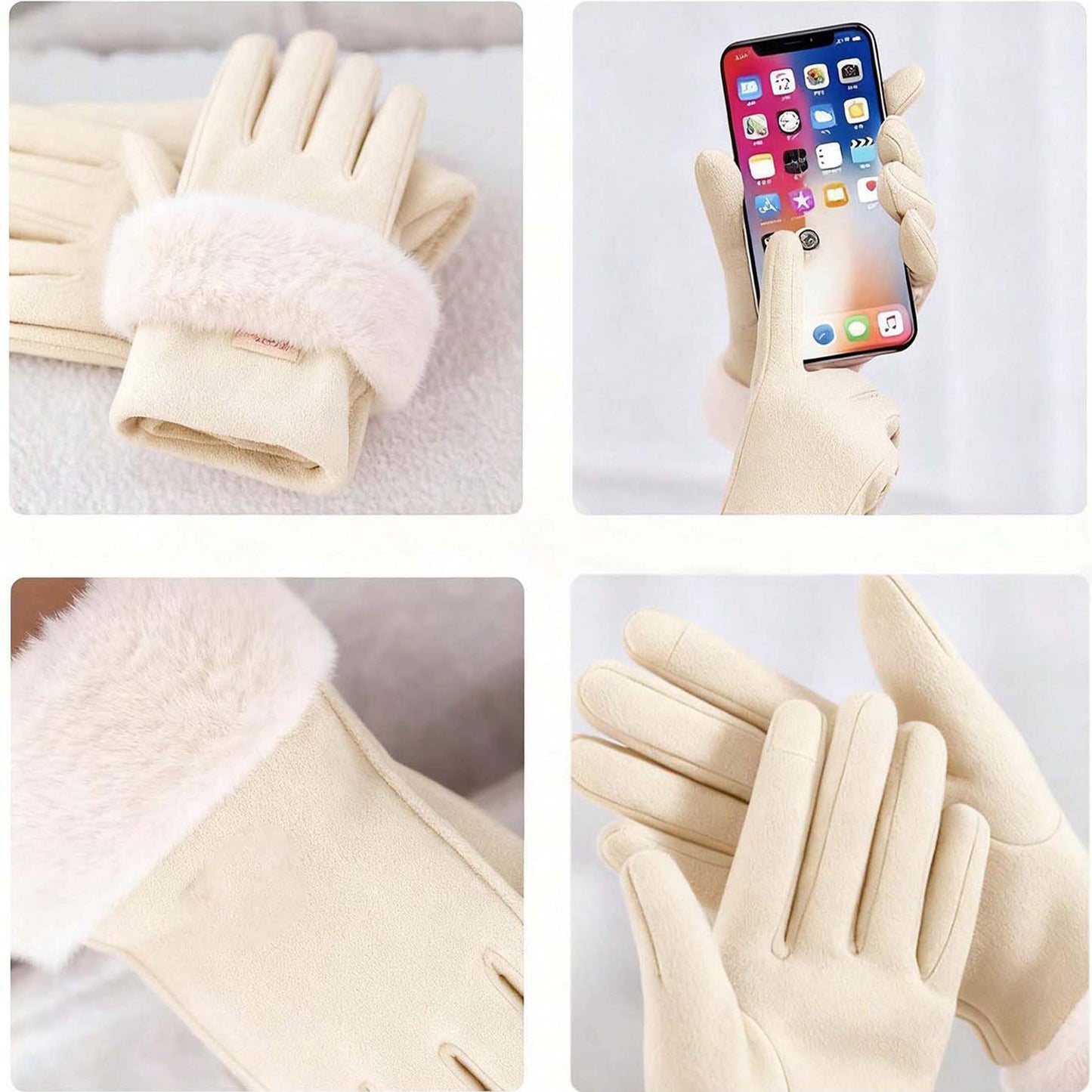 1 Pair Women’s Beige Touchscreen Windproof Thermal Gloves – Fur-Cuffed Warm-Lined Design Perfect for Commuting, Hiking & Running Adventures
