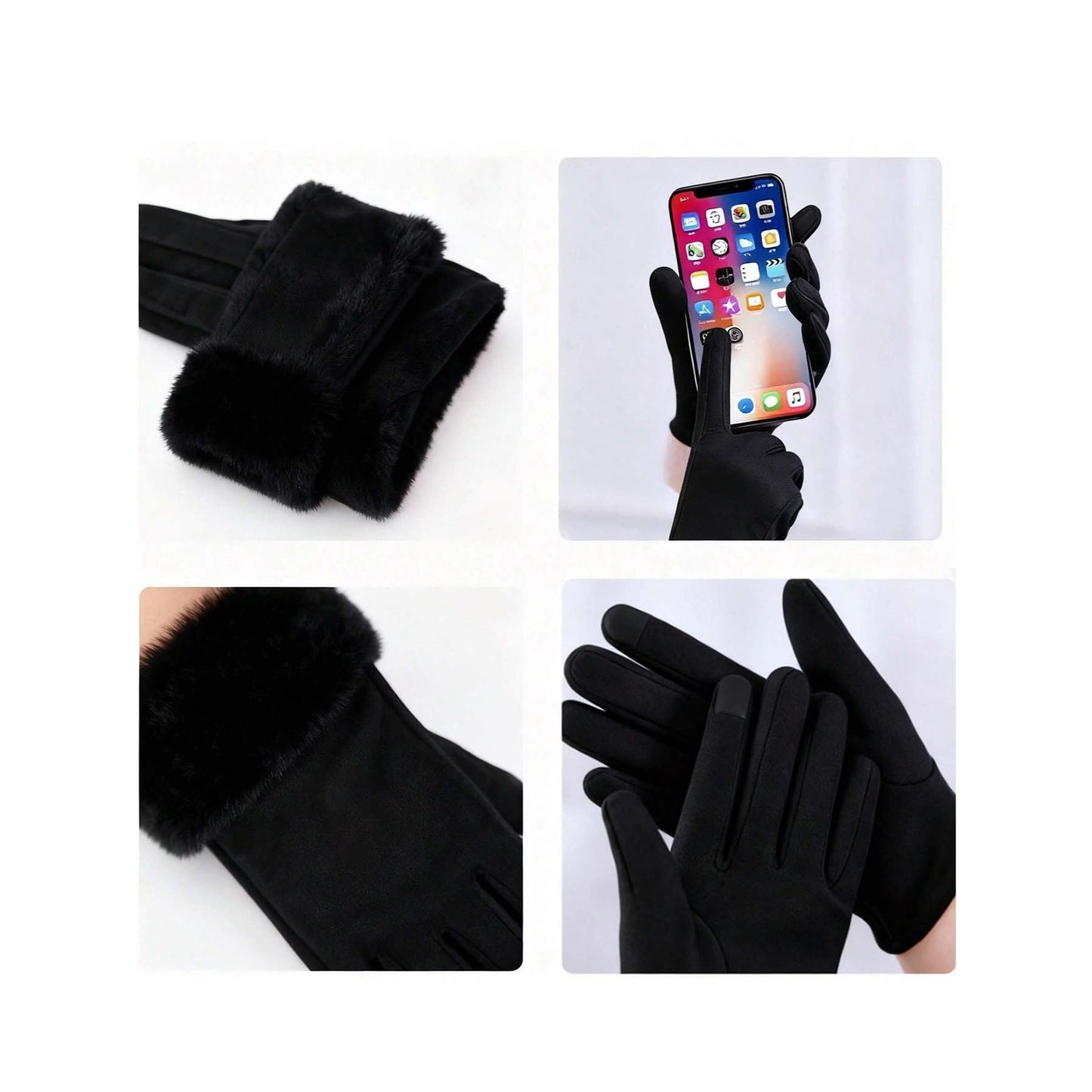 1 Pair Women’s Black Touchscreen Windproof Thermal Gloves – Fur-Cuffed Warm-Lined Design Perfect for Commuting, Hiking & Running Trips