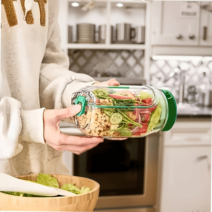 Side Opening Leak-Proof Salad Jar with Independent Sealed Sauce Cup, Stackable Food Container Safe for Microwave, Dishwasher and Refrigerator, Perfect for Daily Meal Prep, Office Lunches and Travel