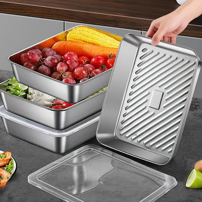 6pcs 8.66in*5.91in Stainless Steel Kitchen Storage Containers with Lids - Food-Grade Dumpling Trays, Stackable Reusable for Baking, Meal Prep & Fruit Veggie Keeping
