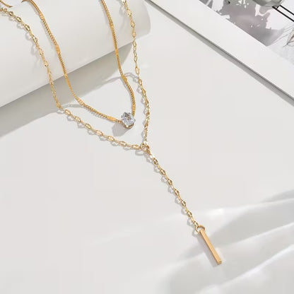 Gold-Hued Elegant Minimalist Layered Crystal Pendant Necklace – Sparkling Rhinestone Accents & Exquisite Fine Workmanship, Versatile Jewelry Perfect for Everyday Wear & Party Gatherings, Chic Summer Gift for Women