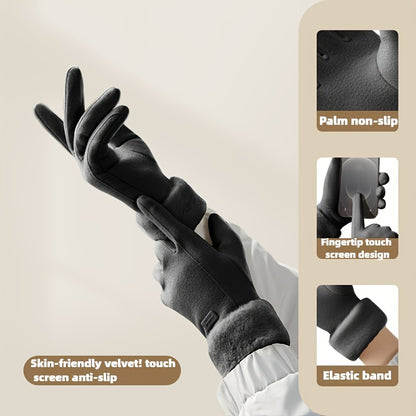 1 Pair Women’s Black Touchscreen Windproof Thermal Gloves – Fur-Cuffed Warm-Lined Design Perfect for Commuting, Hiking & Running Trips