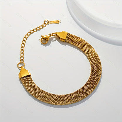 1 Piece 18K Gold Plated Stainless Steel Bracelet – Exquisite Braided Texture, Retro Edgy Women’s Jewelry, Minimalist High-End Style for Daily Layering & Banquets, Perfect Holiday & Birthday Gift