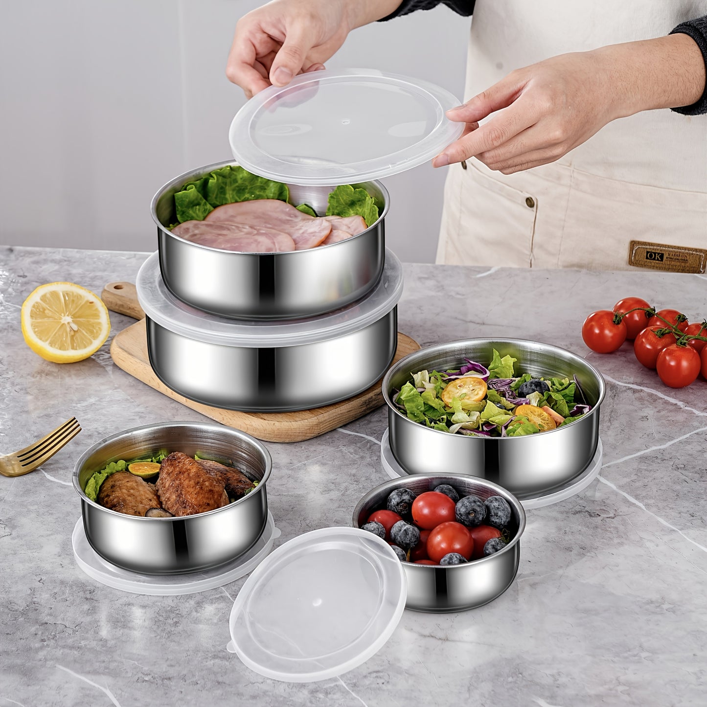 5-Piece Reusable Stainless Steel Outdoor Containers – Circular Airtight Lids, Perfect for Storing Fruits, Vegetables & Snacks, Ideal Companion for Picnic Parties & Outdoor Adventures