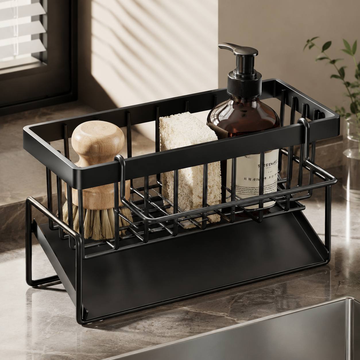 Kitchen sink storage rack with draining tray, sponge holder and brush holder, multi-functional kitchen accessory storage basket, sponge holder for sink