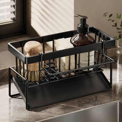 Kitchen sink storage rack with draining tray, sponge holder and brush holder, multi-functional kitchen accessory storage basket, sponge holder for sink