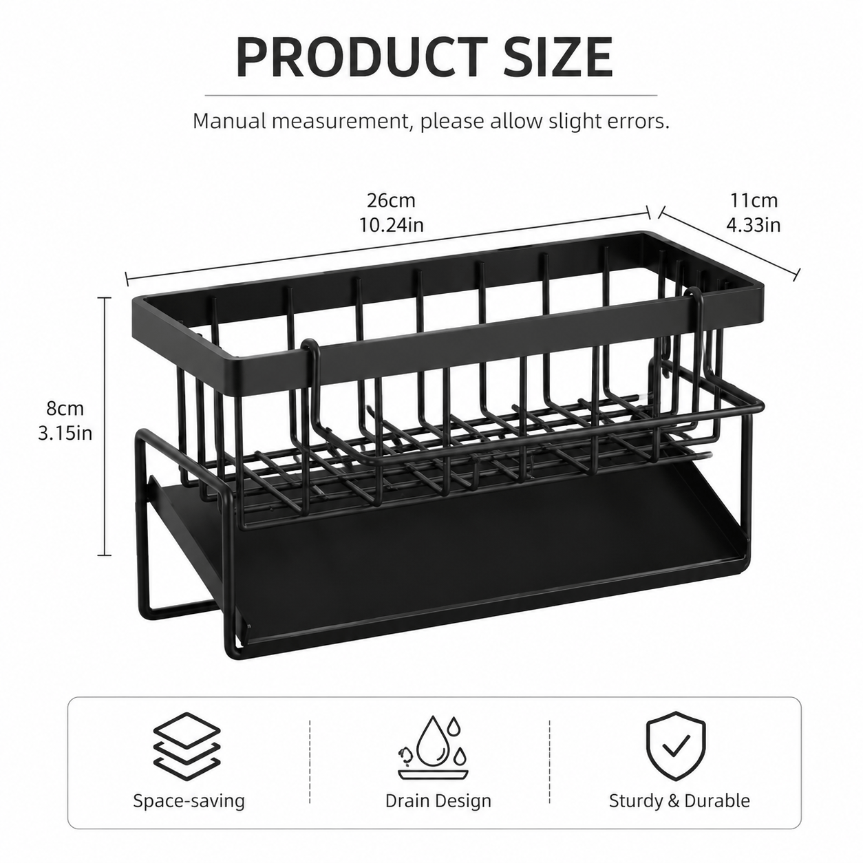 Kitchen sink storage rack with draining tray, sponge holder and brush holder, multi-functional kitchen accessory storage basket, sponge holder for sink