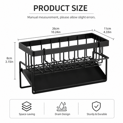 Kitchen sink storage rack with draining tray, sponge holder and brush holder, multi-functional kitchen accessory storage basket, sponge holder for sink