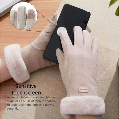 1 Pair Women’s Beige Touchscreen Windproof Thermal Gloves – Fur-Cuffed Warm-Lined Design Perfect for Commuting, Hiking & Running Adventures