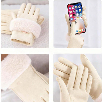 1 Pair Women’s Beige Touchscreen Windproof Thermal Gloves – Fur-Cuffed Warm-Lined Design Perfect for Commuting, Hiking & Running Adventures