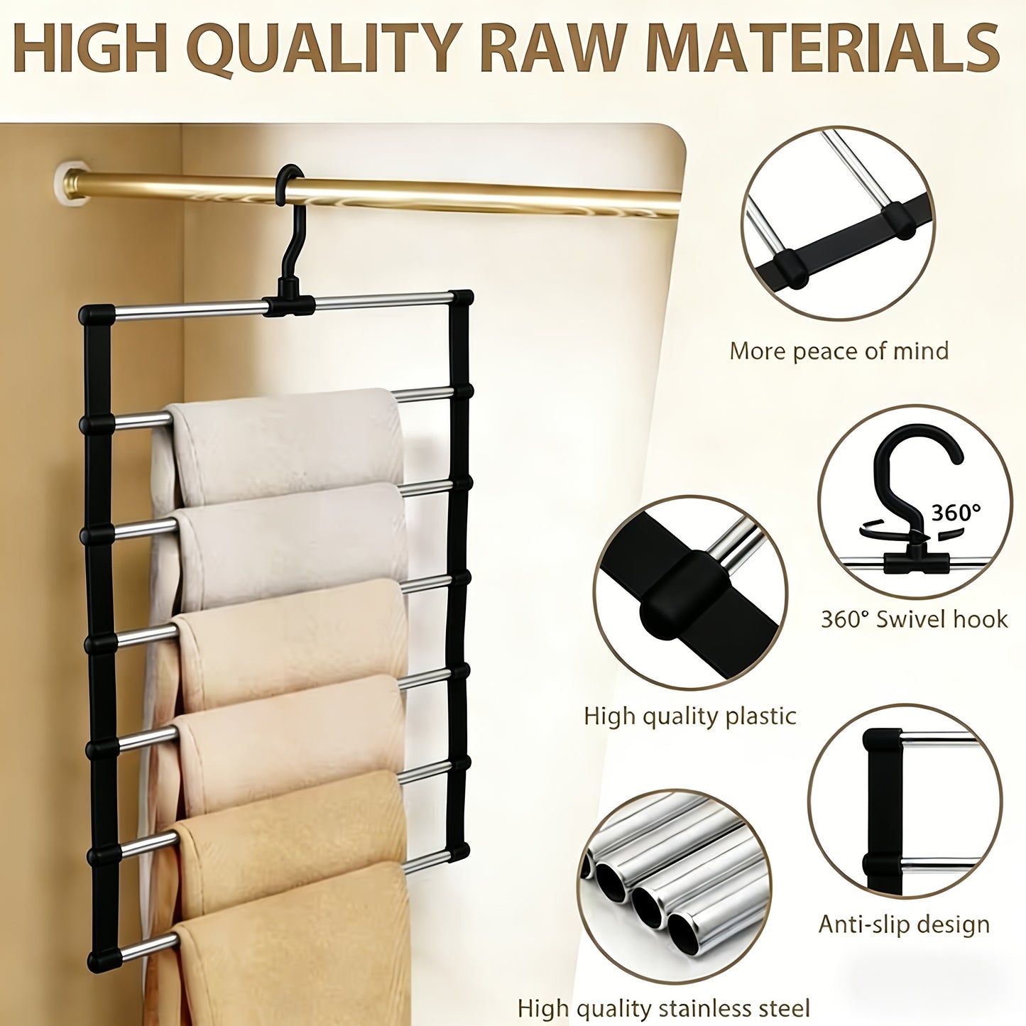 1 Piece Stainless Steel 6 Tier Pants Shelf Black Frame Collapsible Space Saving Design Polished Ports Ideal for Home Wardrobes and Retail Display