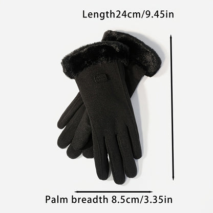 1 Pair Women’s Black Touchscreen Windproof Thermal Gloves – Fur-Cuffed Warm-Lined Design Perfect for Commuting, Hiking & Running Trips