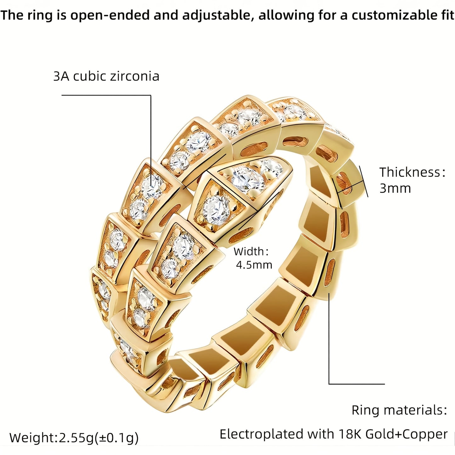 1 PC Gold Avant-Garde Snake-Shaped Open Ring – Copper & Zirconia Inlaid Punk Hip-Hop Jewelry, Premium Craftsmanship for Daily Edgy Looks & Urban Street Style