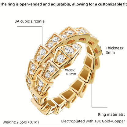 1 PC Gold Avant-Garde Snake-Shaped Open Ring – Copper & Zirconia Inlaid Punk Hip-Hop Jewelry, Premium Craftsmanship for Daily Edgy Looks & Urban Street Style