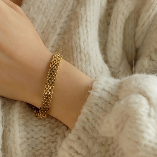 1 Piece 18K Gold Plated Stainless Steel Bracelet – Exquisite Braided Texture, Retro Edgy Women’s Jewelry, Minimalist High-End Style for Daily Layering & Banquets, Perfect Holiday & Birthday Gift