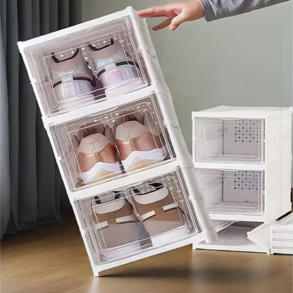 Collapsible Shoe Storage Box, 3-Tier Shoe Organizer Rack with Magnetic Clear Door, Tool-Free Quick Assembly Stackable Shoe Cabinet, Large Sturdy Space-Saving Shoe Rack for Entryway, Closet & Bedroom