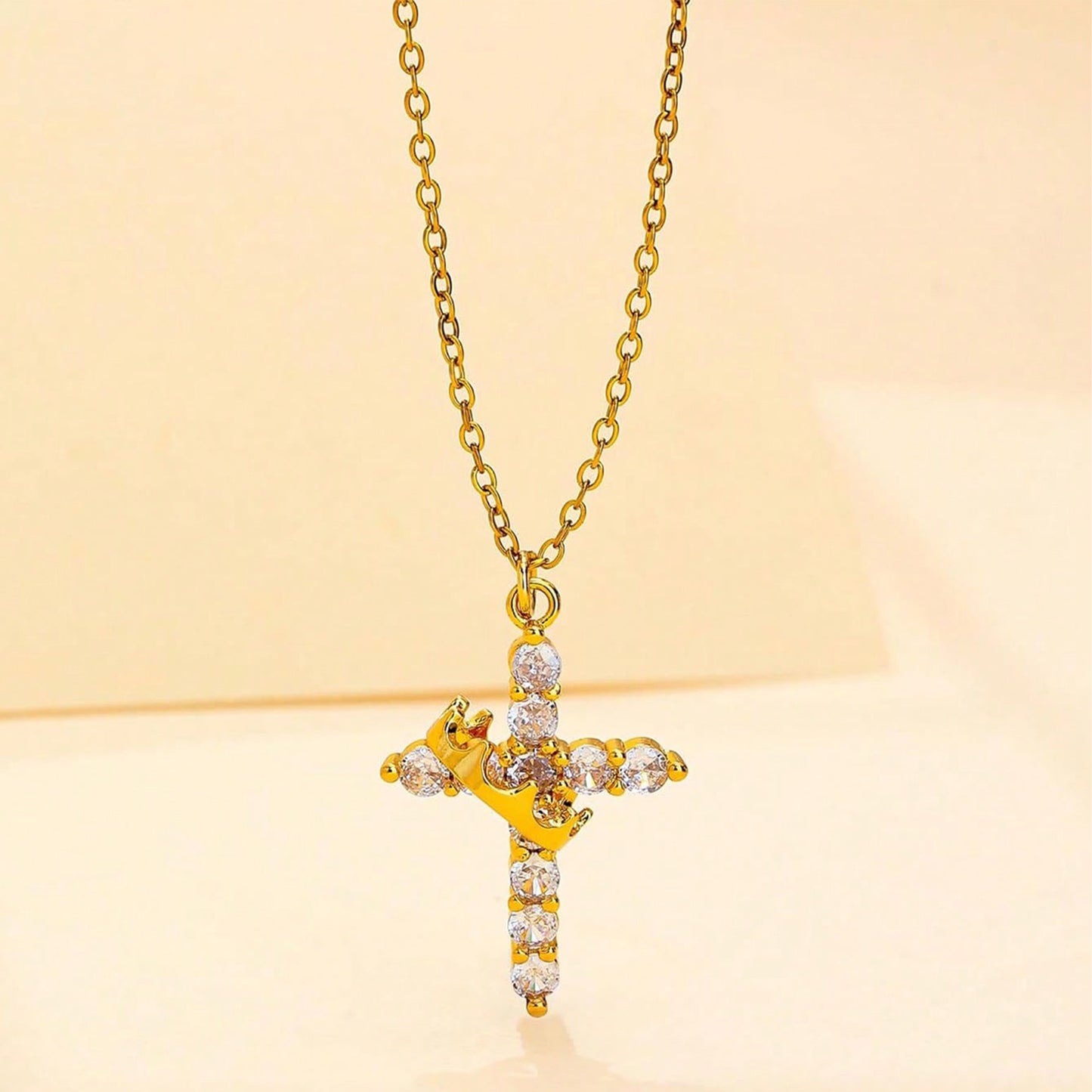 1 PC Copper Cross Pendant Necklace – Spinable Circular Element with Elegant Crown Design, Classic Faith-Based Accessory Ideal for Devout Wearers & Daily Styling