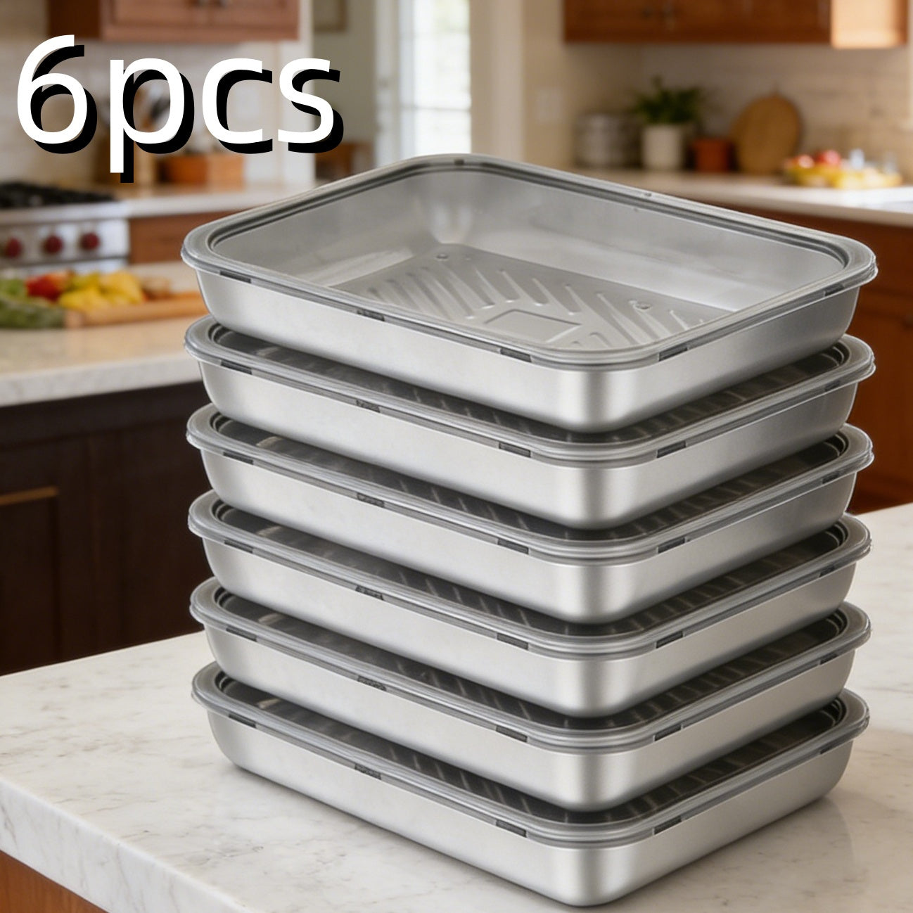 6pcs 7.09in*5.12in Food-Grade Stainless Steel Plates with Lids - Stackable Reusable Dumpling Trays & Baking Pans, Great for Storing Wontons, Fruits, Veggies & Picnic Meal Prep