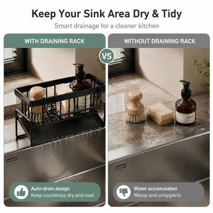 Kitchen sink storage rack with draining tray, sponge holder and brush holder, multi-functional kitchen accessory storage basket, sponge holder for sink