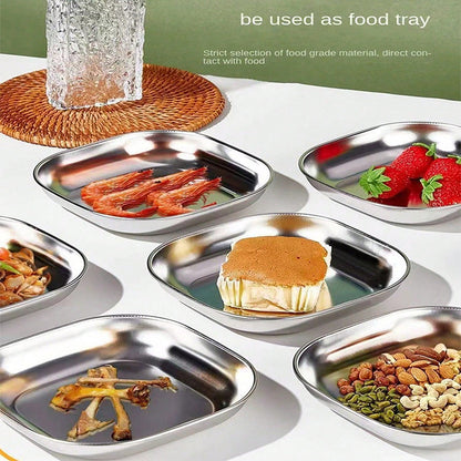 4pcs Stainless Steel Square Dish Set, Stackable Thickened Serving Plates, Versatile Kitchen Trays for Bones, Fruits and Snacks, Durable Easy-to-Clean Tableware, Great for Home & Restaurant Use