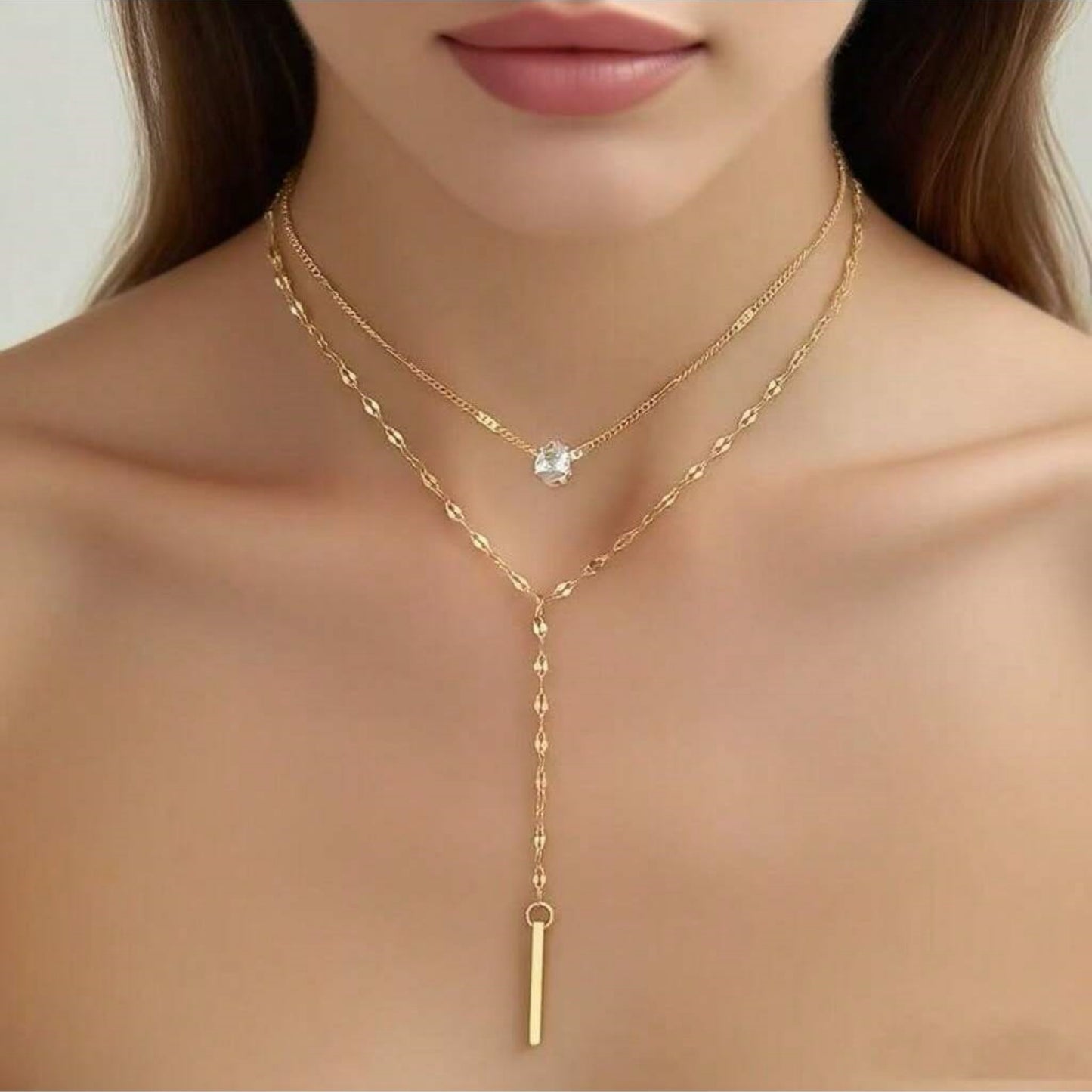 Gold-Hued Elegant Minimalist Layered Crystal Pendant Necklace – Sparkling Rhinestone Accents & Exquisite Fine Workmanship, Versatile Jewelry Perfect for Everyday Wear & Party Gatherings, Chic Summer Gift for Women