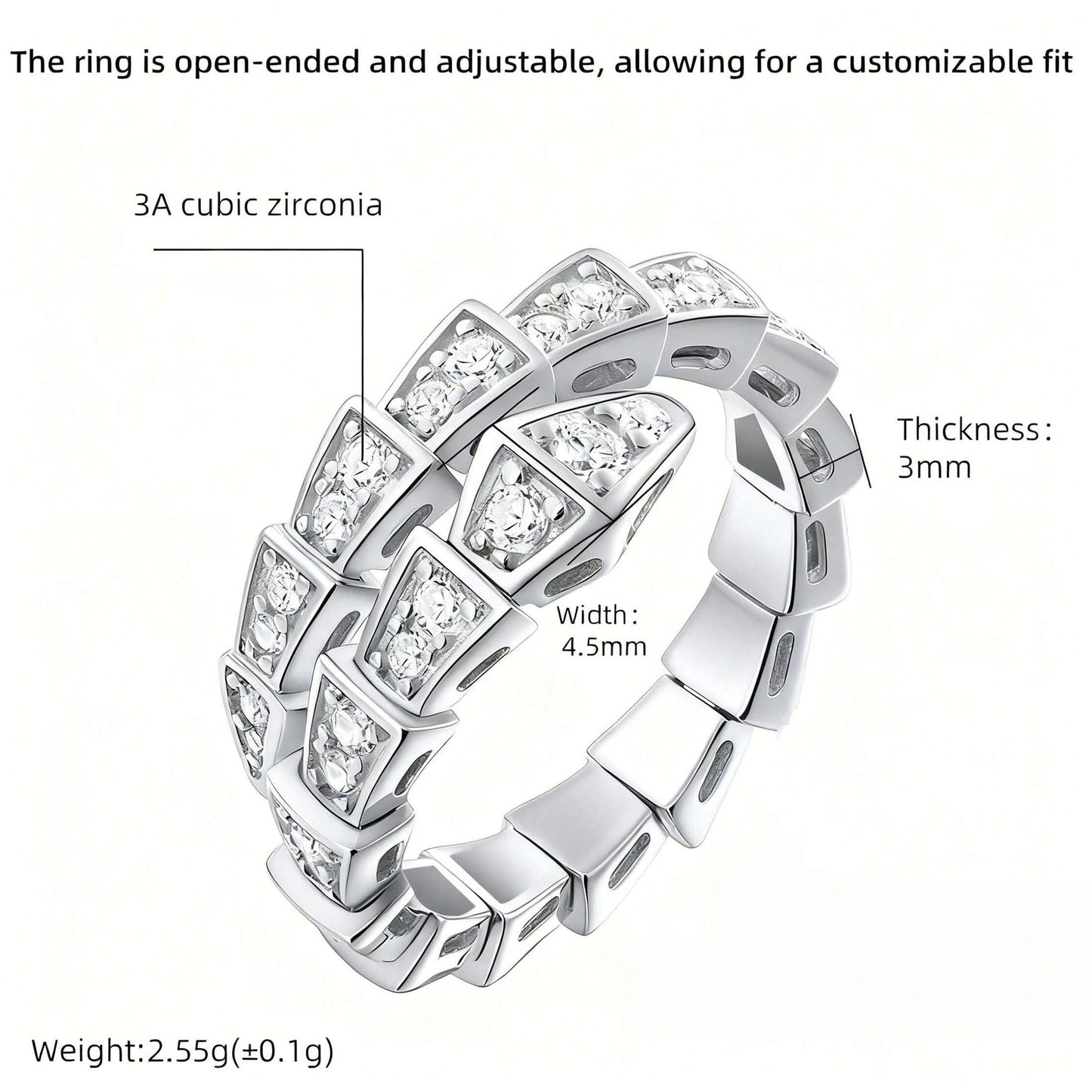 1pc Silver Snake-Shaped Open Ring - Punk Hip-Hop Style Copper Inlaid Cubic Zirconia Jewelry, Edgy Fashion Accessory for Daily Wear, Creative Couple Gift for Holidays & Urban Street Outfits