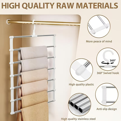 1 Piece Foldable Multi Layer Pants Storage Hanger, Stainless Steel Space Saving Closet Organizer, Non Slip for Jeans Leggings Wide Leg Pants Shorts Skirts, Heavy Duty Anti Wrinkle No Trace Storage