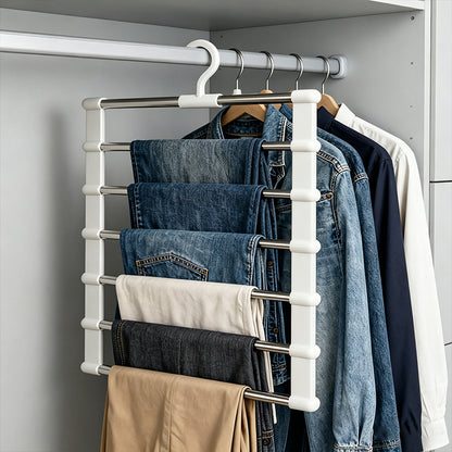 1 Piece Foldable Multi Layer Pants Storage Hanger, Stainless Steel Space Saving Closet Organizer, Non Slip for Jeans Leggings Wide Leg Pants Shorts Skirts, Heavy Duty Anti Wrinkle No Trace Storage