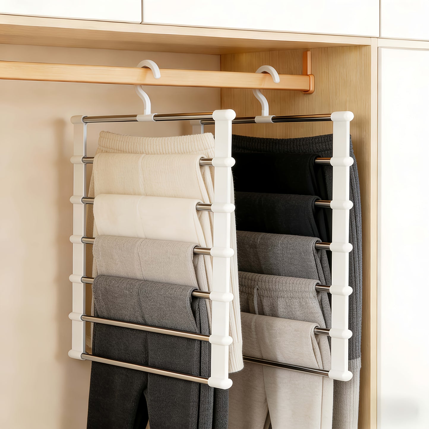 1 Piece Foldable Multi Layer Pants Storage Hanger, Stainless Steel Space Saving Closet Organizer, Non Slip for Jeans Leggings Wide Leg Pants Shorts Skirts, Heavy Duty Anti Wrinkle No Trace Storage