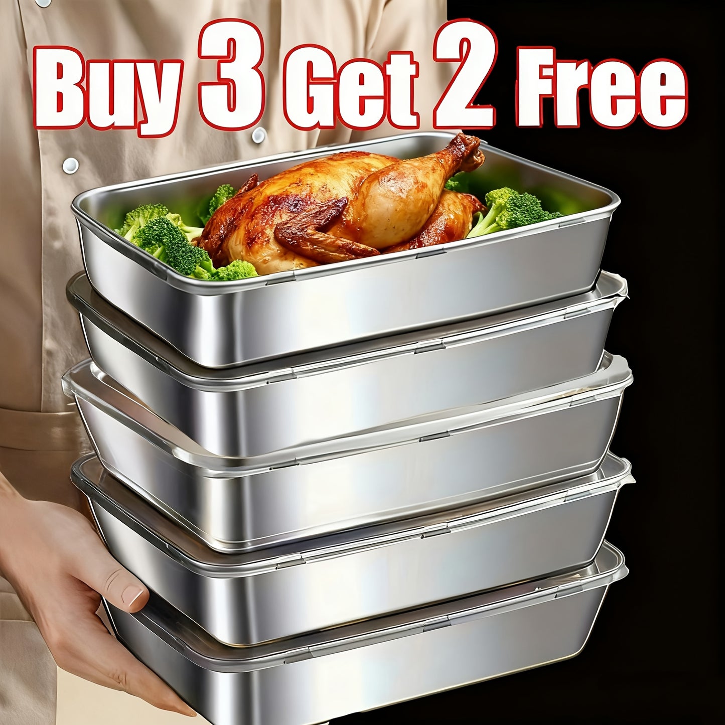 Buy 3 Get 2 Free: 5 Premium Reusable Stainless Steel Food Storage Boxes – Free Lids Included, Stackable Easy-to-Clean Containers Ideal for Picnicking, Meal Prep & Fridge Organization