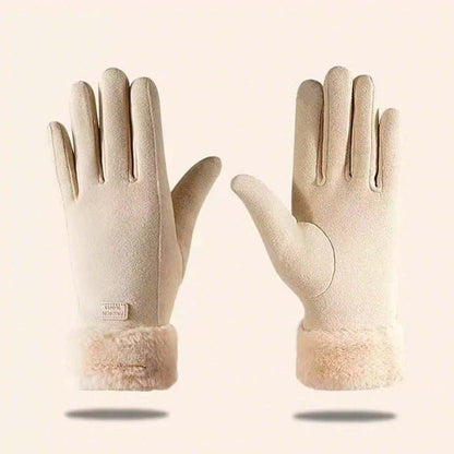 1 Pair Women’s Beige Touchscreen Windproof Thermal Gloves – Fur-Cuffed Warm-Lined Design Perfect for Commuting, Hiking & Running Adventures