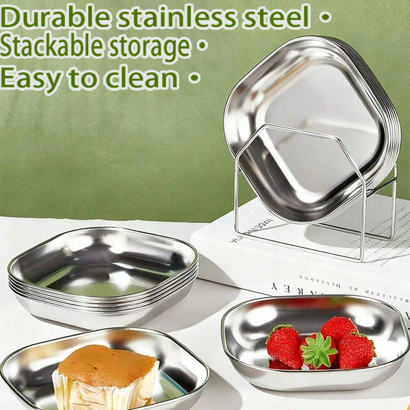4pcs Stainless Steel Square Dish Set, Stackable Thickened Serving Plates, Versatile Kitchen Trays for Bones, Fruits and Snacks, Durable Easy-to-Clean Tableware, Great for Home & Restaurant Use