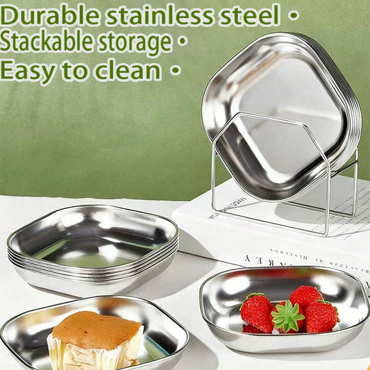 4pcs Stainless Steel Square Dish Set, Stackable Thickened Serving Plates, Versatile Kitchen Trays for Bones, Fruits and Snacks, Durable Easy-to-Clean Tableware, Great for Home & Restaurant Use