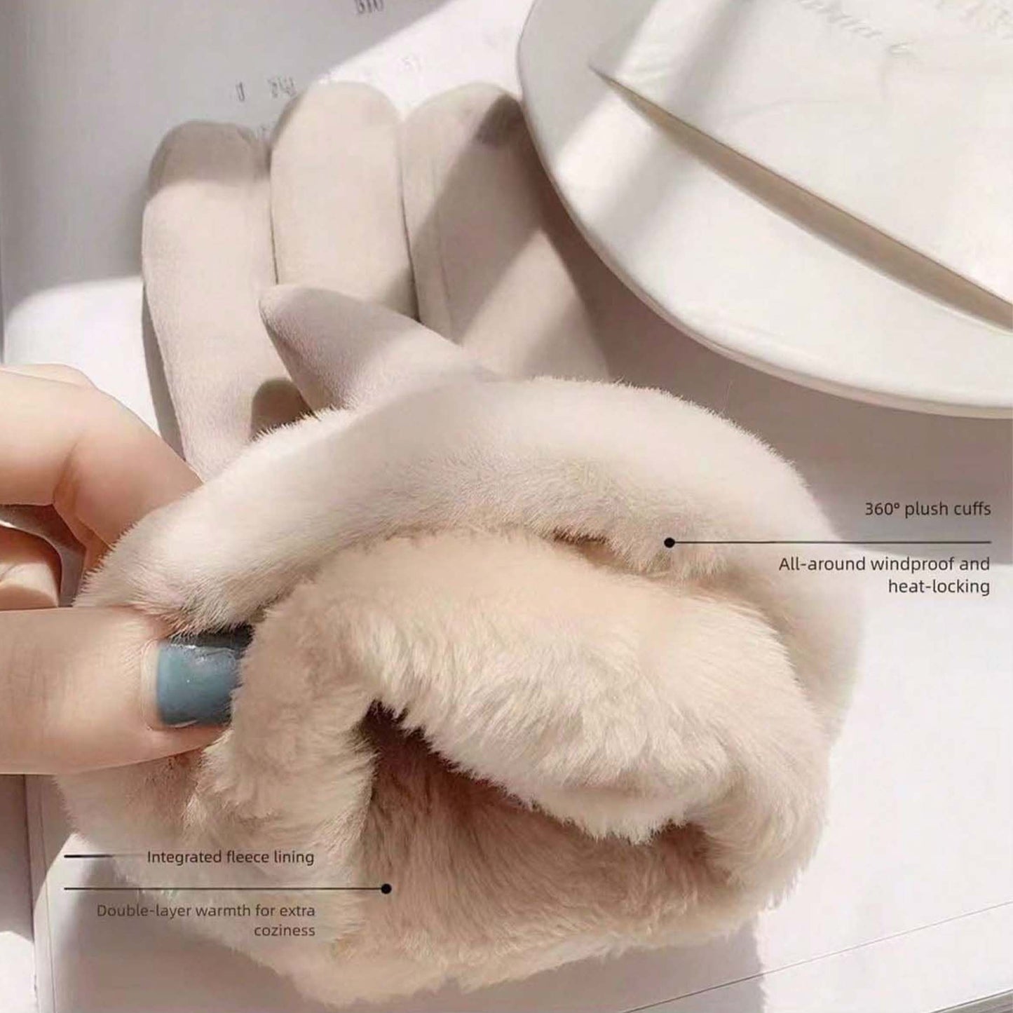 1 Pair Women’s Beige Touchscreen Windproof Thermal Gloves – Fur-Cuffed Warm-Lined Design Perfect for Commuting, Hiking & Running Adventures