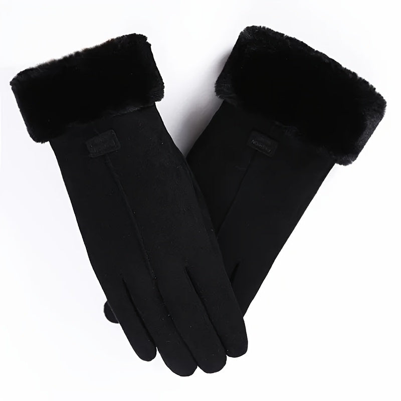 1 Pair Women’s Black Touchscreen Windproof Thermal Gloves – Fur-Cuffed Warm-Lined Design Perfect for Commuting, Hiking & Running Trips