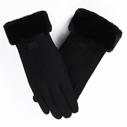 1 Pair Women’s Black Touchscreen Windproof Thermal Gloves – Fur-Cuffed Warm-Lined Design Perfect for Commuting, Hiking & Running Trips