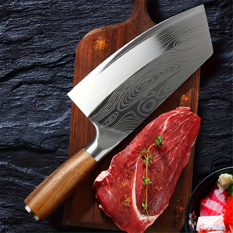 7 Inch Multi-Function Damascus Pattern Chef Knife, Ultra Sharp Slicing Cleaver Made of German 304 Stainless Steel, Sturdy Durable Cooking Tool for Home Kitchen and Restaurant Use