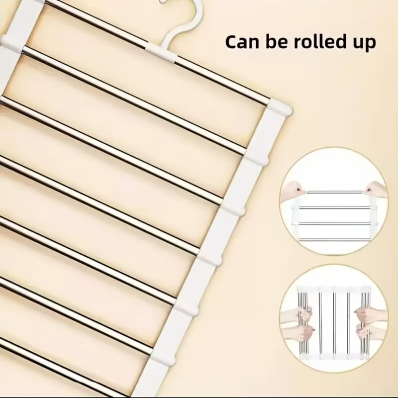 1 Piece Foldable Multi Layer Pants Storage Hanger, Stainless Steel Space Saving Closet Organizer, Non Slip for Jeans Leggings Wide Leg Pants Shorts Skirts, Heavy Duty Anti Wrinkle No Trace Storage