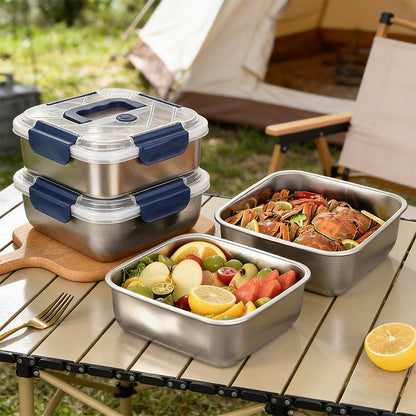 4-Piece Stainless Steel Food Storage Containers with Blue Handles, Leak-Proof and Airtight, Reusable Lunch Containers, Dishwasher Oven Freezer Microwave Safe, Perfect for Kitchen