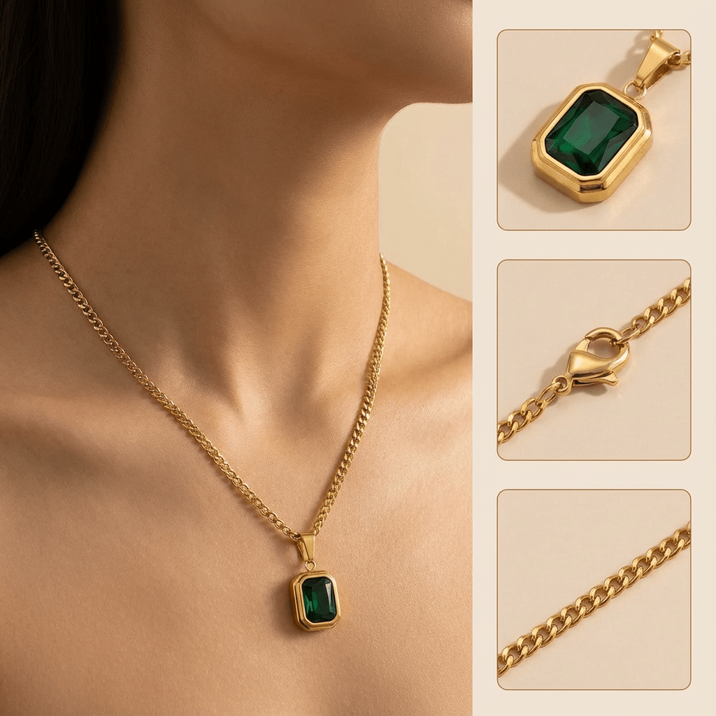 1 Piece Women’s Green Square Pendant Necklace – Retro French-Style Design, Alloy Setting & Elegant Collarbone Chain, Perfect for Valentine’s Day, Party Looks & Daily Wear