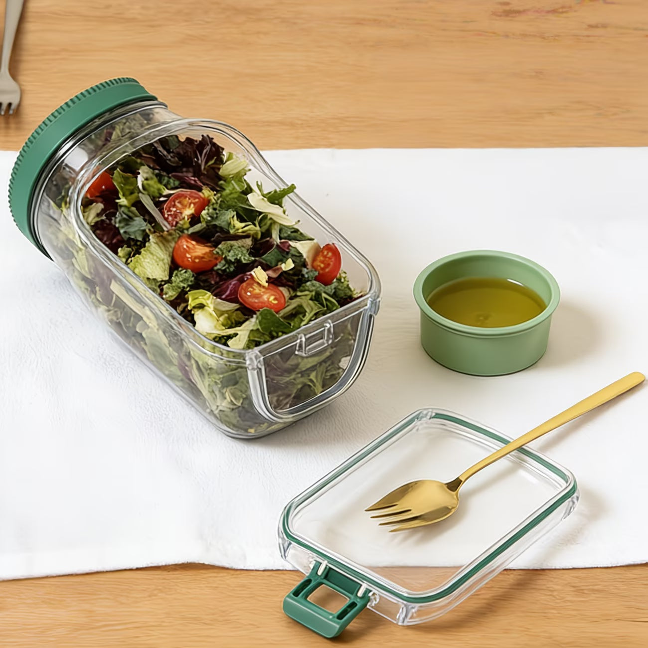 Side Opening Leak-Proof Salad Jar with Independent Sealed Sauce Cup, Stackable Food Container Safe for Microwave, Dishwasher and Refrigerator, Perfect for Daily Meal Prep, Office Lunches and Travel
