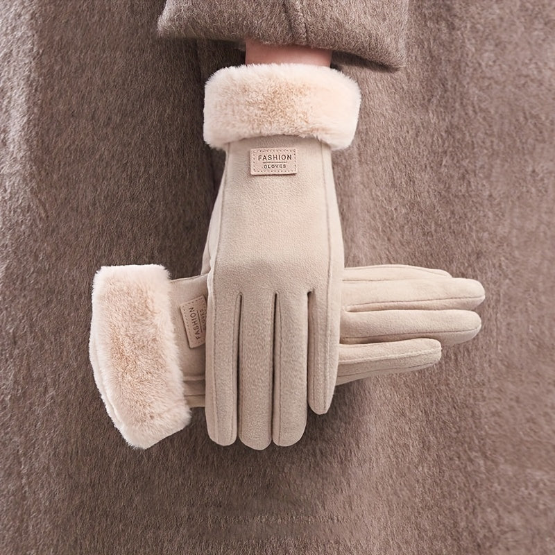 1 Pair Women’s Beige Touchscreen Windproof Thermal Gloves – Fur-Cuffed Warm-Lined Design Perfect for Commuting, Hiking & Running Adventures