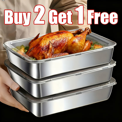 Buy 2 Get 1 Free: 3-Piece Stainless Steel Food Storage Containers – Durable Reusable Baking Trays with Free Lids, Must-Have Kitchen Tools for Picnics & Fridge Tidy-Up