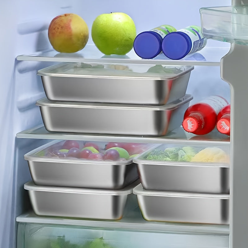 6pcs 8.66in*5.91in Stainless Steel Kitchen Storage Containers with Lids - Food-Grade Dumpling Trays, Stackable Reusable for Baking, Meal Prep & Fruit Veggie Keeping