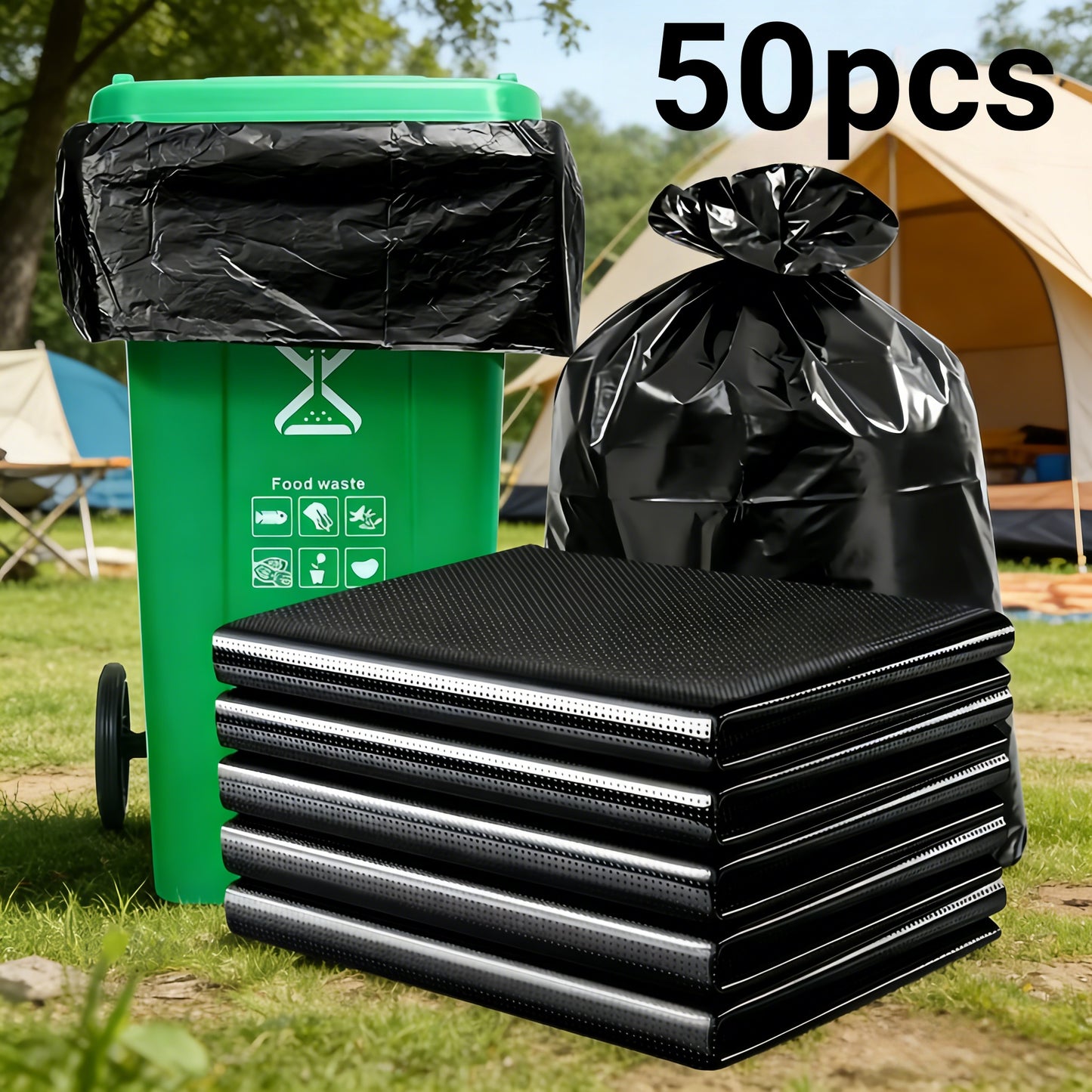 50-Piece Heavy-Duty Black Garbage Bags – Leak-Proof & Super Durable Trash Liners, Convenient Waste Disposal Solution for Indoor Home, Office, Kitchen & Outdoor Settings