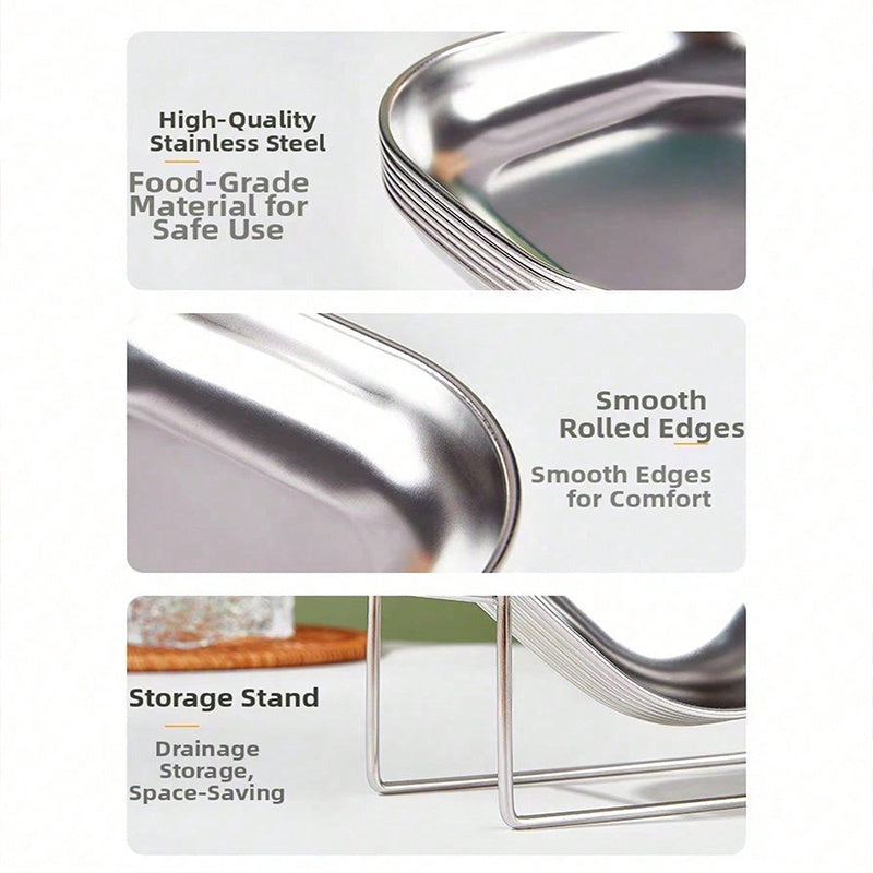4pcs Stainless Steel Square Dish Set, Stackable Thickened Serving Plates, Versatile Kitchen Trays for Bones, Fruits and Snacks, Durable Easy-to-Clean Tableware, Great for Home & Restaurant Use