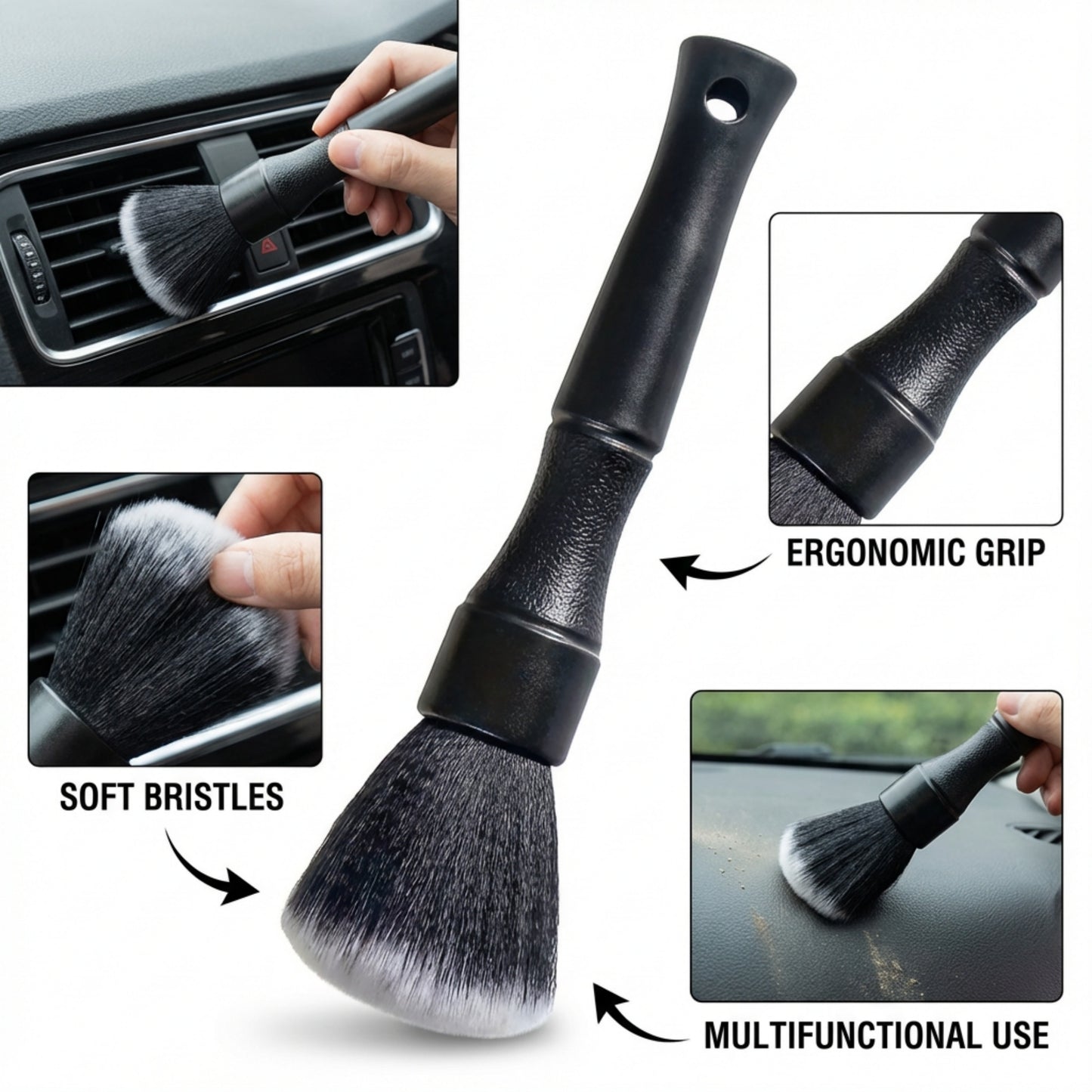 1 PC Black Soft Bristle Dust Brush – Battery-Free Plastic Tool for Car Interiors, Dashboards & Computer Keyboard Cleaning