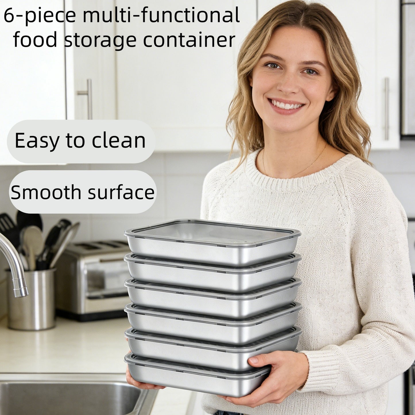 6pcs 8.66in*5.91in Stainless Steel Kitchen Storage Containers with Lids - Food-Grade Dumpling Trays, Stackable Reusable for Baking, Meal Prep & Fruit Veggie Keeping