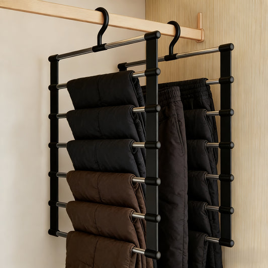 1 Piece Stainless Steel 6 Tier Pants Shelf Black Frame Collapsible Space Saving Design Polished Ports Ideal for Home Wardrobes and Retail Display