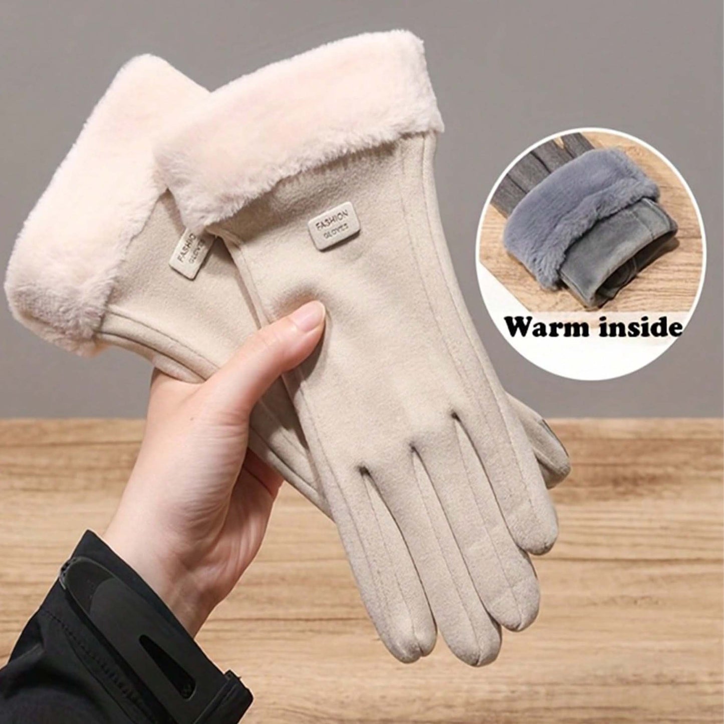 1 Pair Women’s Beige Touchscreen Windproof Thermal Gloves – Fur-Cuffed Warm-Lined Design Perfect for Commuting, Hiking & Running Adventures